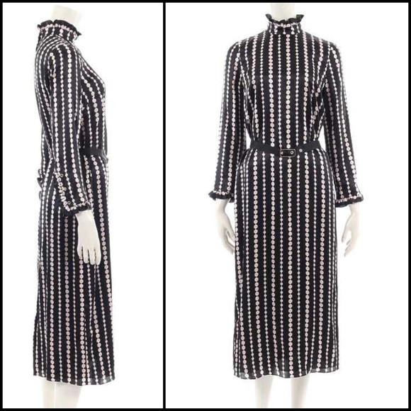 Kate Spade 100% Silk Pearl Strands Print High Ruffle Neck Snap Midi Dress - Picture 5 of 12